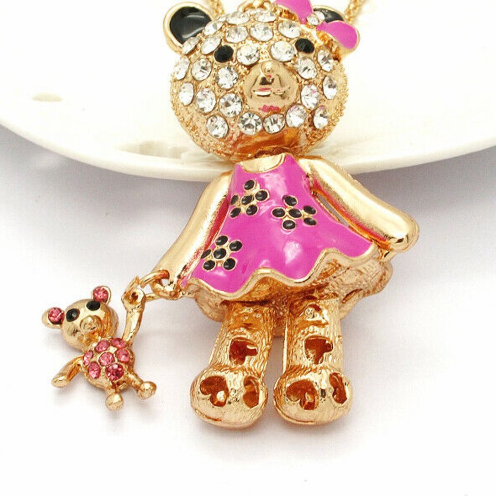 Adorable Rhinestone Doll Bear with Bear Necklace
